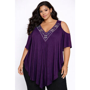 Women's FunFash Tunic Top Plus Size 2X Purple Silver Studded Cold Shoulder